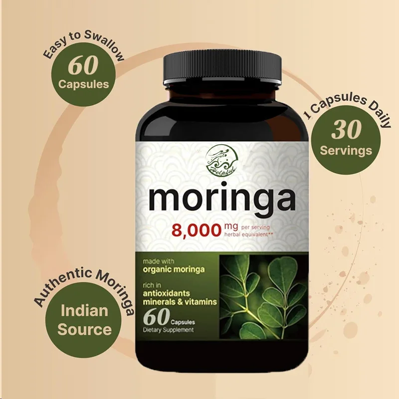 Moringa Capsules 8000MG per serving, 60 Moringa Powder Organic Made Green Superfood Skin Health and Immune Support