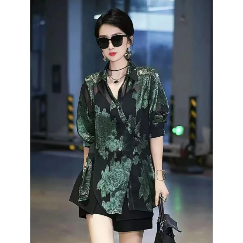 

Elegant Floral Print Women Shirt Mid Length Loose Fit Casual Summer Style With Pockets And Asymmetrical Design