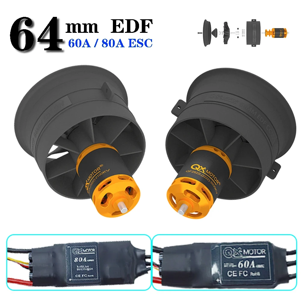 Qx-motor plástico 64mm edf qf2822 2100kv 2300kv 3300kv 4300kv motor sem escova com 60a 80a esc para avião rc brinquedo de controle remoto