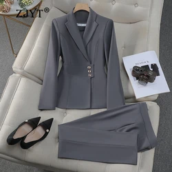 ZJYT Office Lady Blazer Pant Sets 2 Piece Outfit Women's Suit Conjuntos Para Mujeres Elegant Matching Trousers Set Spring Autumn