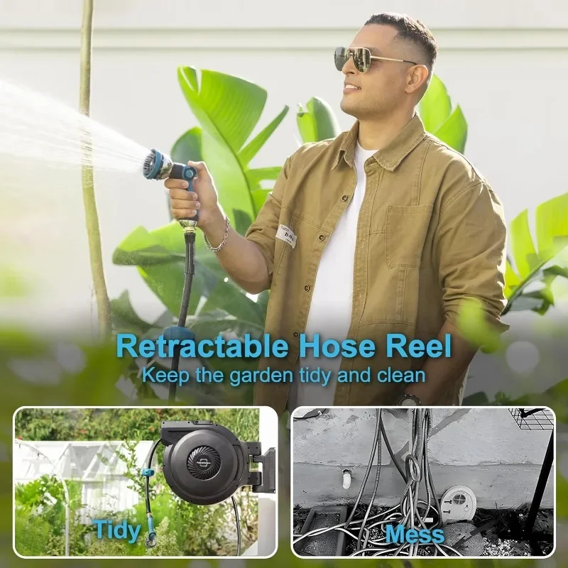 Retractable Garden Hose Reel - 5/8 inch x 90 ft Wall Mounted Hose Reel with 10 Pattern Nozzle & Any Length Lock, Heavy Duty