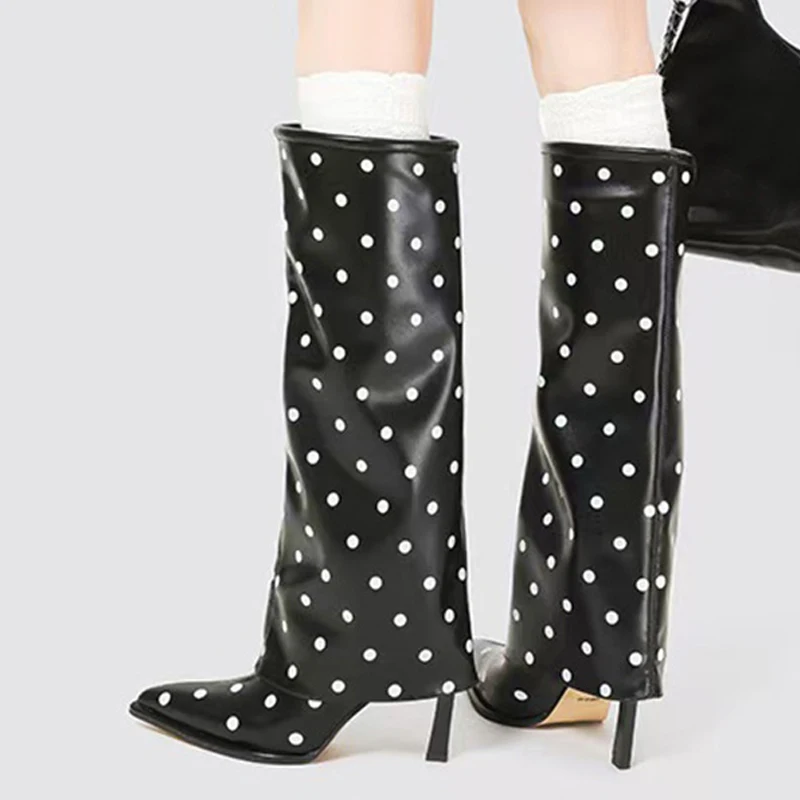 Liyke New Fashion Polka Dot Leather Knee High Boots Women Pointed Toe Autumn Winter Shoes Stiletto Heels Party Booties Black