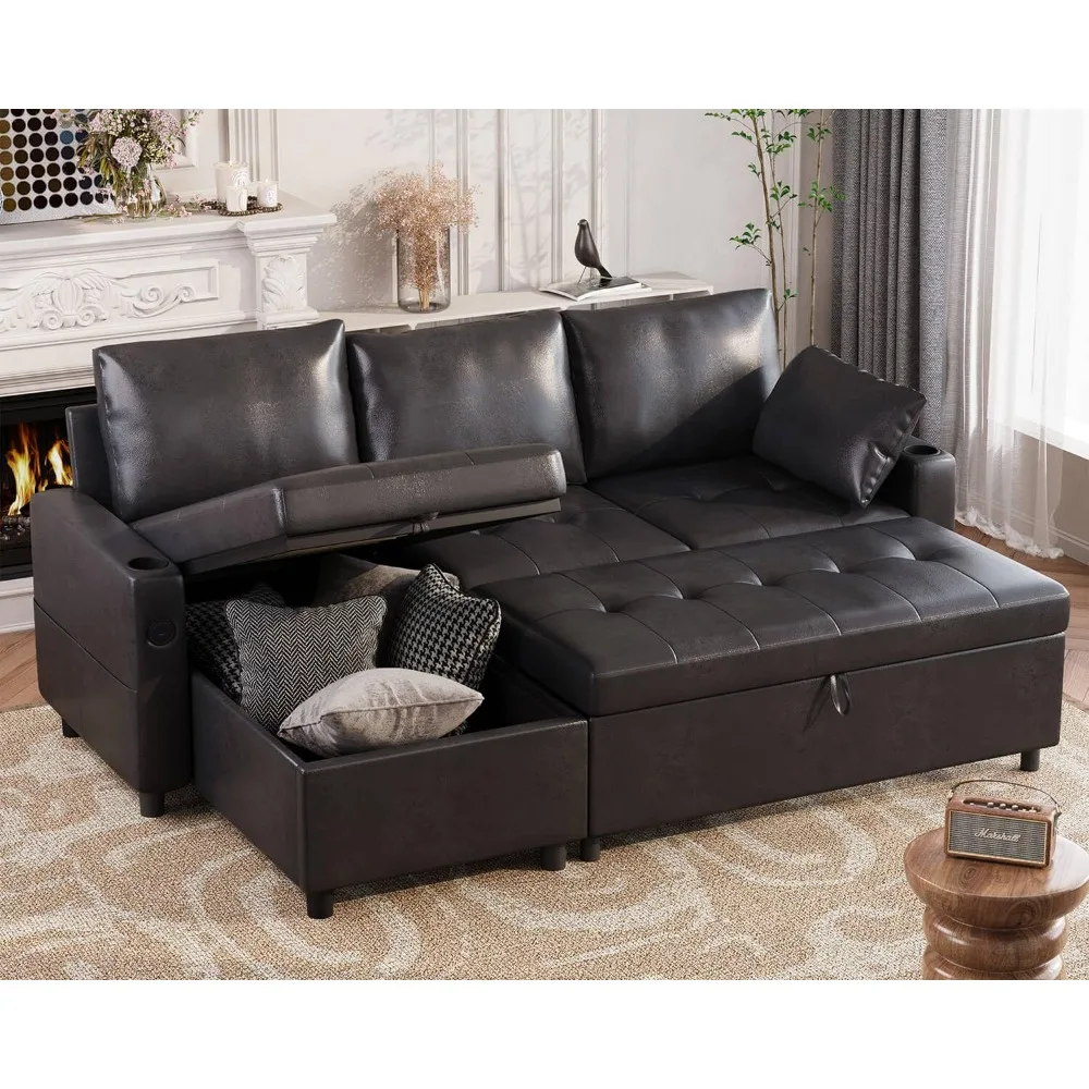 

Sleeper Sofa Bed, 3-in-1 Pull Out Couch with Reversible Chaise, Leather Sleeper Sofa with Storage, USB, Cup Holder, Pullout Sect