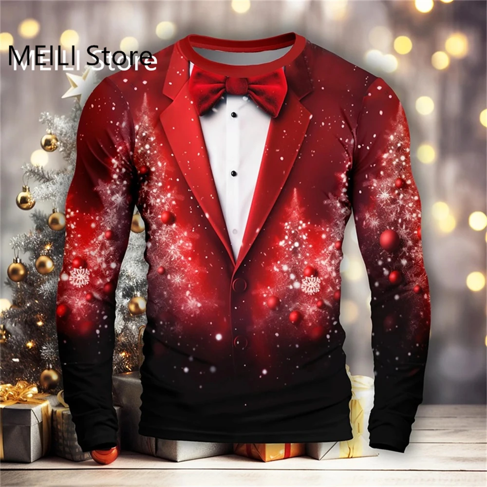 Men's T Shirts Christma Pattern Suit 3D Print T-Shirt Long Sleeve Men Women Tops Casual O-Neck Tee Shirts Male Christmas Clothes