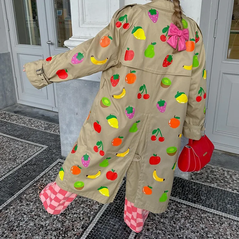 

Fall and Winter Long Jacket Fashion Fruit Print Trench Coat Niche Design Warm Outer Coat Fall Clothes 2024 Women