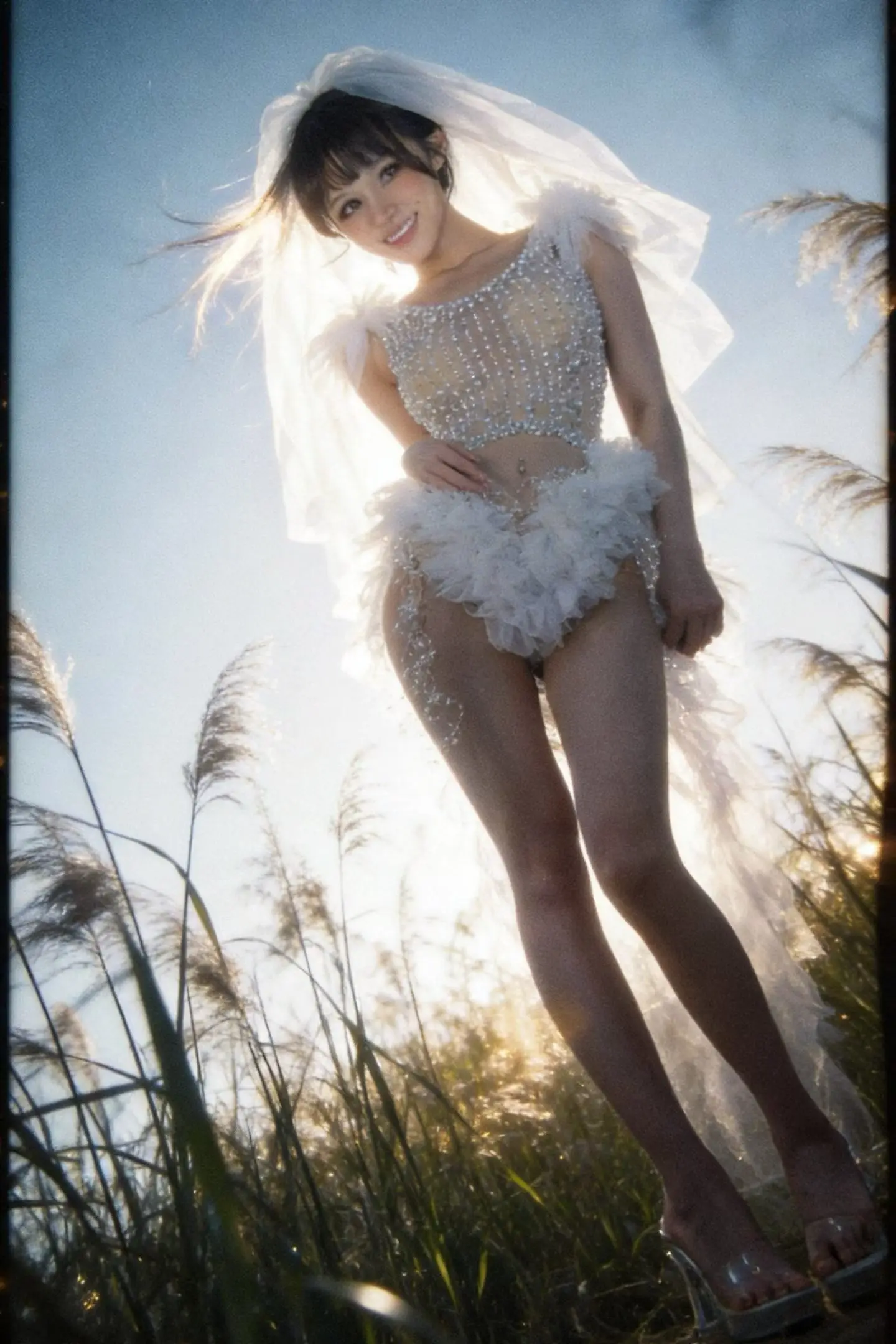 Luwei Nude Mesh Sleeveless White Rhinestone Tulle Ruffle Mini Bodysuit Shoulder Fluffy Organza Feather Train Stage Dance Outfit