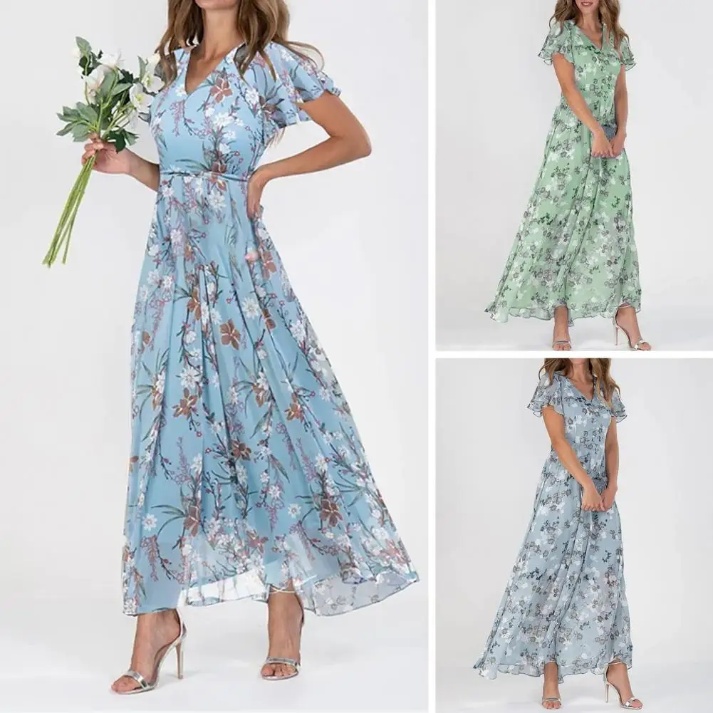 

Attractive Lady Floral Print Casual Beach Dress Anti-pilling Maxi Dress Sweet Floral Print Chiffon Dress Streetwear