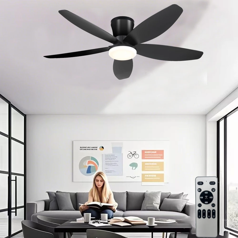 Ventilatore da soffitto a basso profilo con luce e telecomando, dimmerabile e silenzioso, adatto per camere da letto e cucine.