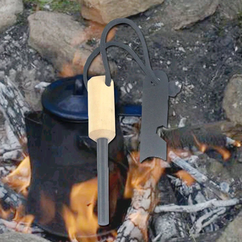 

Portable Outdoor Flint Camping Survival Tool Magnesium Stick Wooden Handle Flint Stick Men's Adventure Smoking Gift