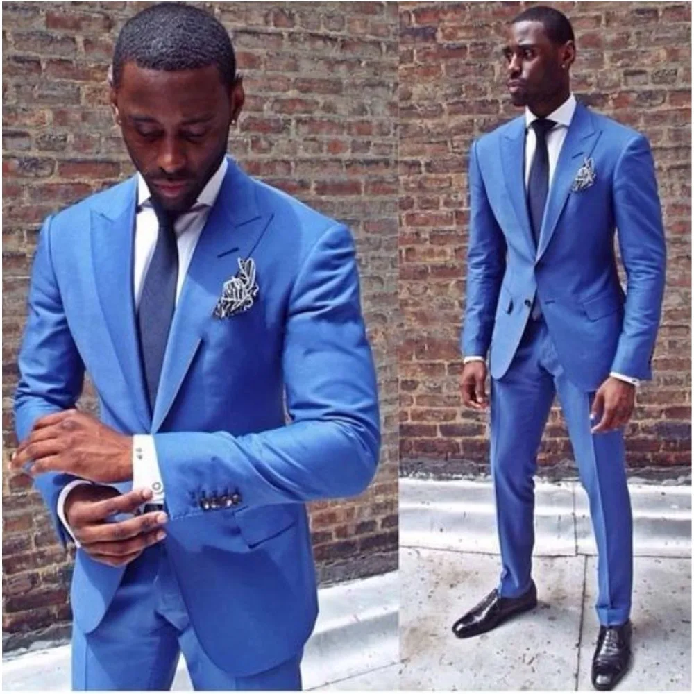 

Blue Men Suits 2 Pcs Peaked Lapel Single Breasted Male Blazer Wedding Groom Wear Fashion Custom Made Costume Homme Jacket+Pants