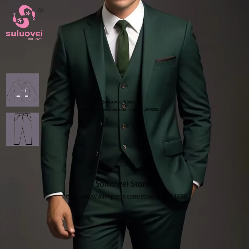 

Fashion Dark Green Slim Fit Suits For Men Eleagnt 3 Piece Jacket Vest Pants Set Formal Grooms Wedding Notch Lapel Tuxedos Blazer