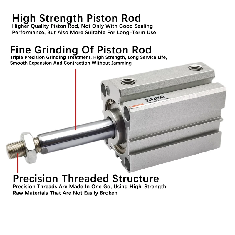 SDA16 20 25 32 40 50 63 80 100 mm Bohrung, kompakter dünner Luftzylinder, 5–100 mm Hub, doppeltwirkender Aluminium-Pneumatikzylinder