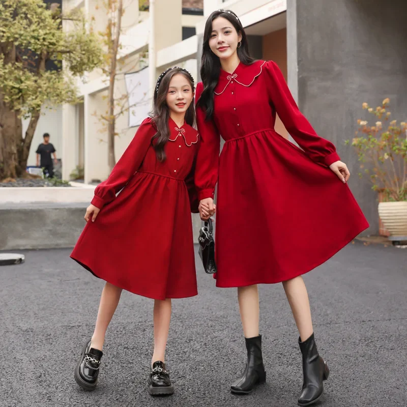 2024 autumn winter Europe western Kids Baby girl clothes red long sleeve Dresses teenager Retro Christmas 9 10 11 12 new year