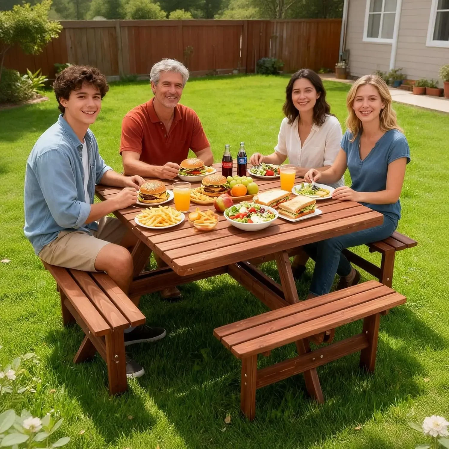 

Square Picnic Table With Benches Umbrella Hole Wood Outdoor Dining Set For Patio Backyard Garden Porch
