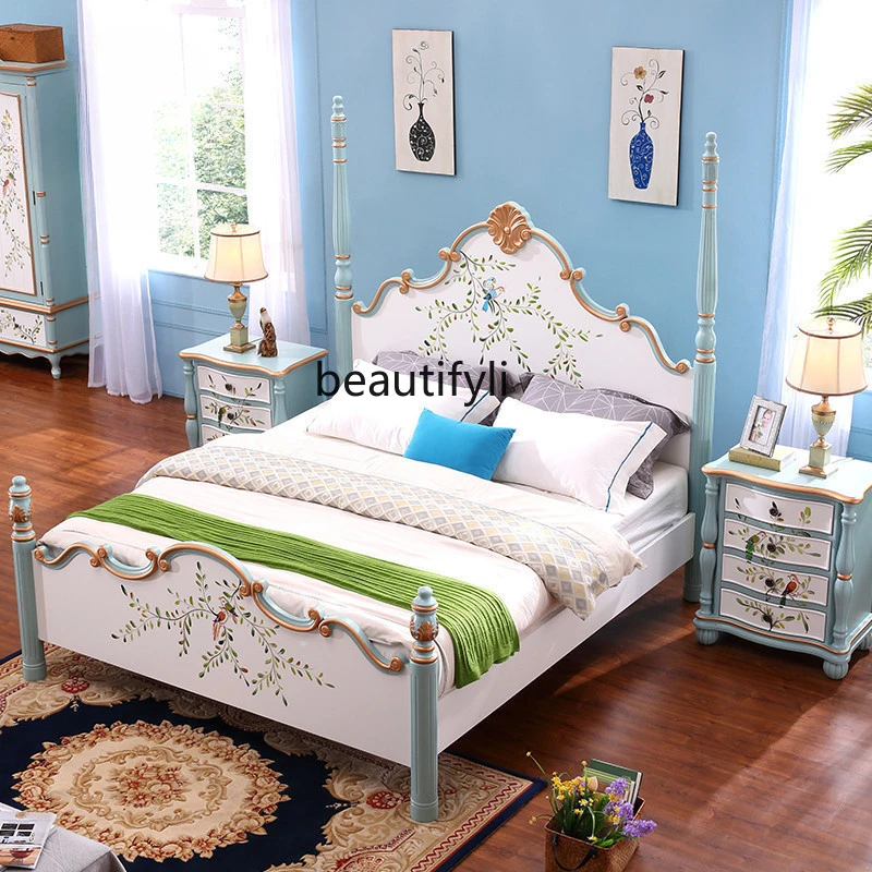 American Mediterranean Bed Solid Wood 1.8 M Double Bed Master Bedroom European  Marriage Bed Girl Modern Minimalist Furniture