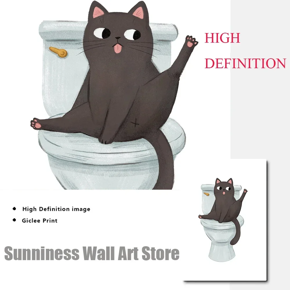 Illustration Funny Cute Black Cat On Toilet Posters Canvas Painting Cats Lover Wall Art Pictures Prints For Bathroom Home Decor