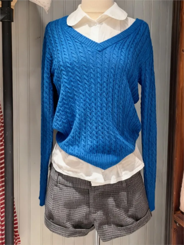 

Королевский синий вязаный свитер с v-образным вырезом, повседневный осенне-зимний хлопковый теплый пуловер с витым цветком, топы в стиле Харадзюку, винтажный джемпер ootds