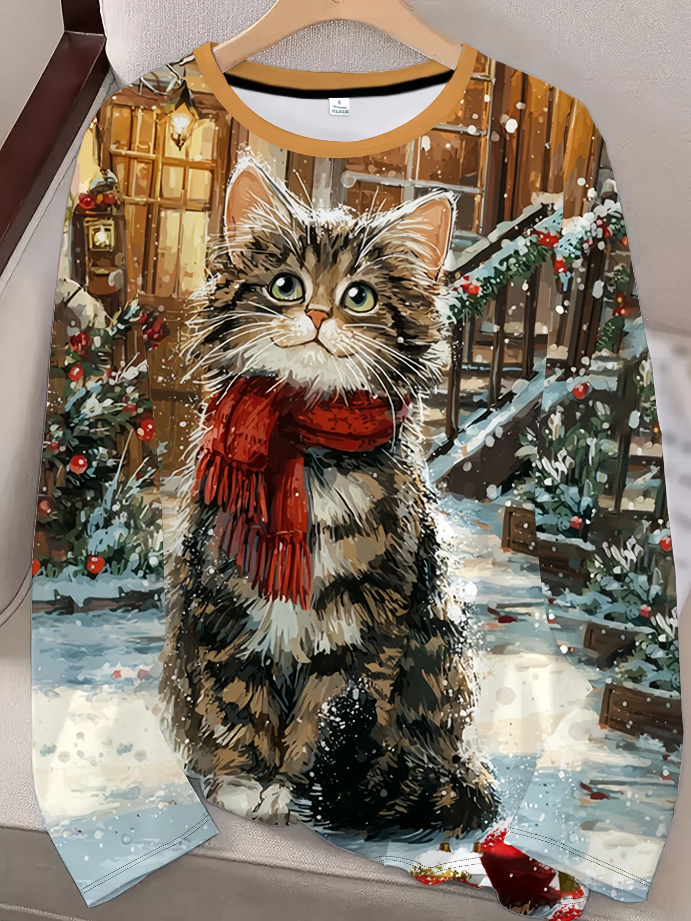 Christmas Must-have! Vintage Snow Scene Cat Print Long-sleeve Top, Fashionable Women's Round-neck Top for Spring and Autumn, Stylish Casual Digital Print, Polyester