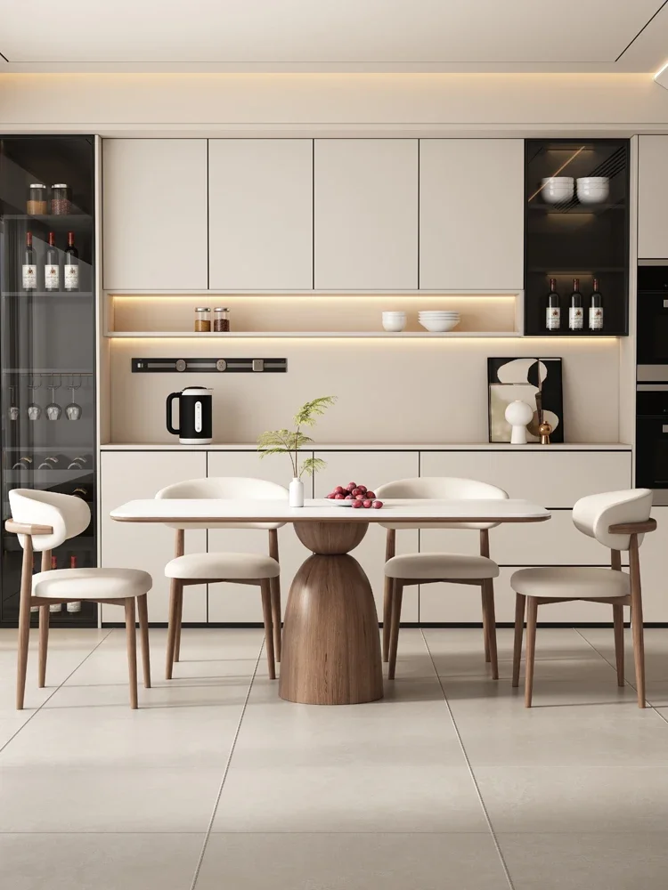 Nordic Solid Wood Stone Plate Dining Table Rectangular Home Modern Simple and Light Luxury Full Support Baseboard Dining Table