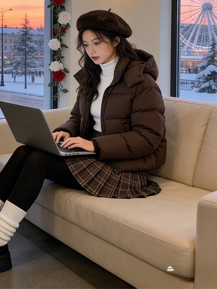 Thiened 겨울 자켓 여성용 단색 지퍼 다운 코튼 코트 한국 스타일 출퇴근용 루즈핏 롱 후드 코트