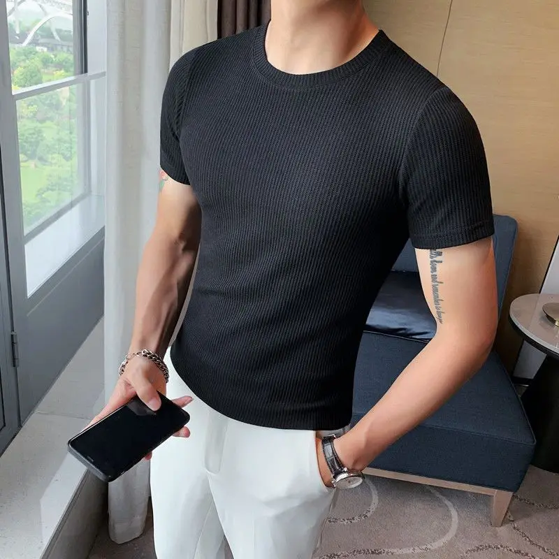 Korean Fashion Summer New Slim Fit Men\'s Round Neck Short Sleeved T-shirt Solid Cotton Casual Waffle Tight Elastic Bottom Tops