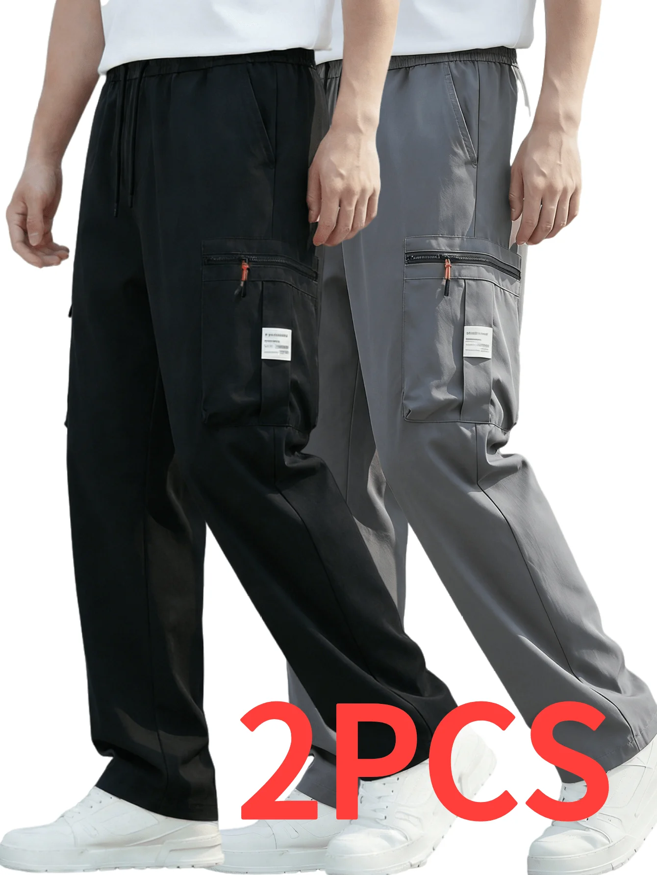 2PCS Men'S Relaxed Fit Work Trousers, Casual Cargo Style, Airy And Comfortable Loose Straight Leg Pants Featuring Various