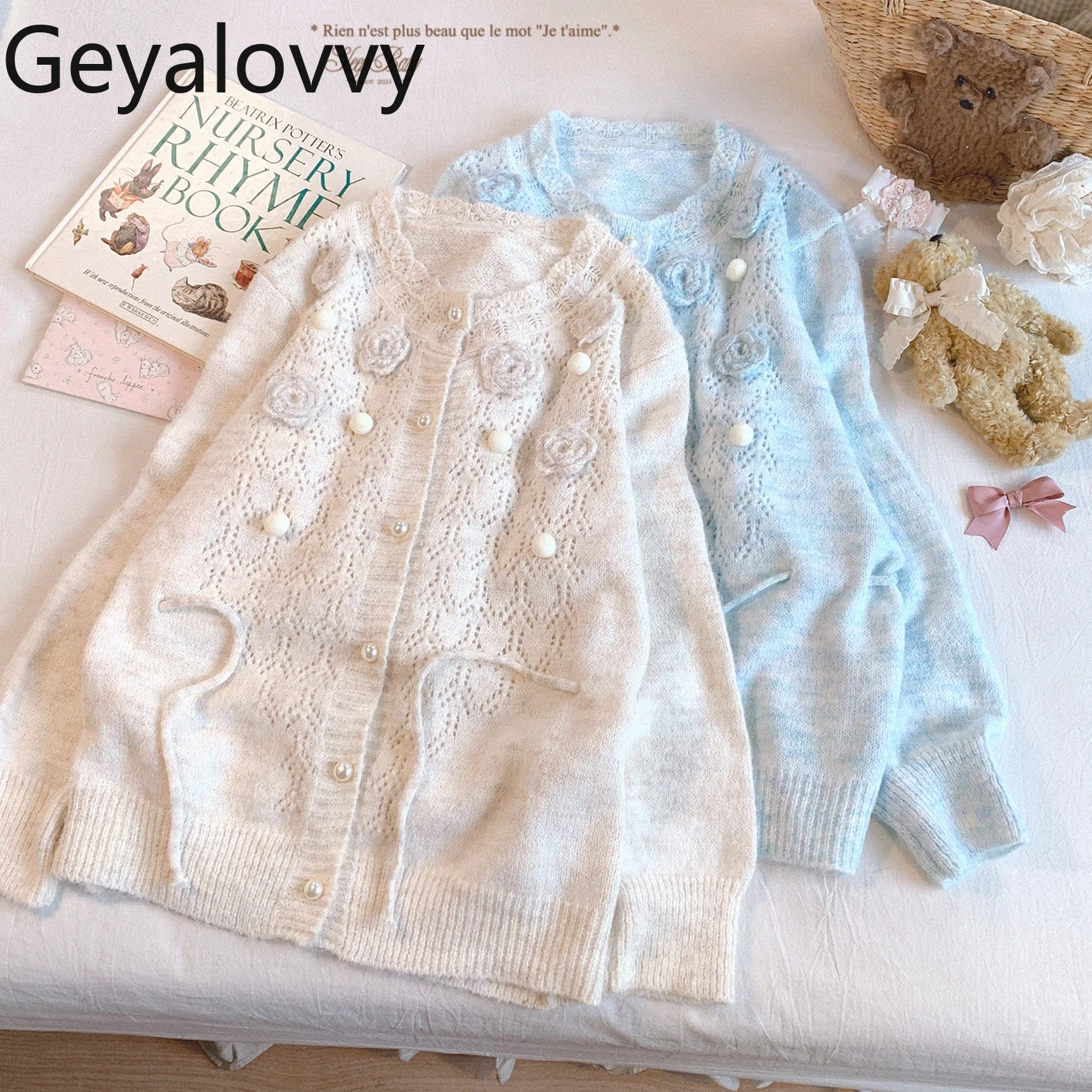 Sweet Cute Retro Style Loose Sweaters Tops for Women Autumn Winter Lace-Up Knitted Cardigan  Casual Crew Neck Knit Sweater