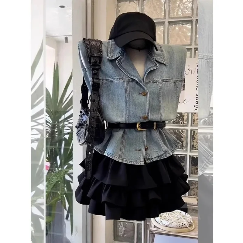 Ensemble 2 pièces en jean sans manches pour femmes, mode coréenne Chic, chemises + Mini jupe gâteau mignonne noire, tenue élégante et décontractée, été
