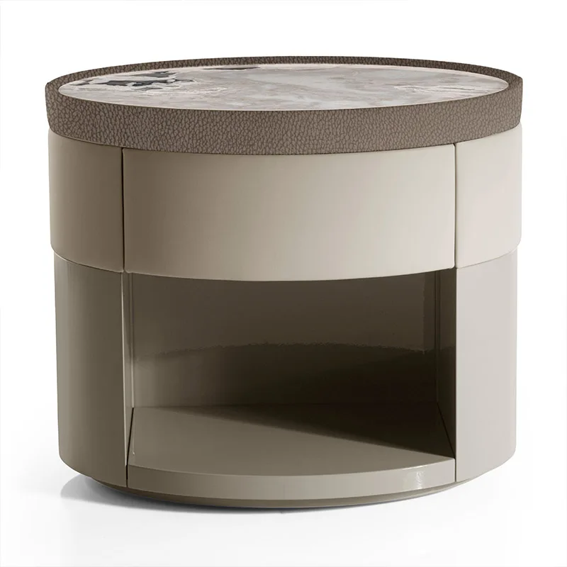 Luxury Solid Wood Frame Marble Countertop Round Nightstand Table Bedside Cabinet Italian Contemporary Villa Luxury Nightstand