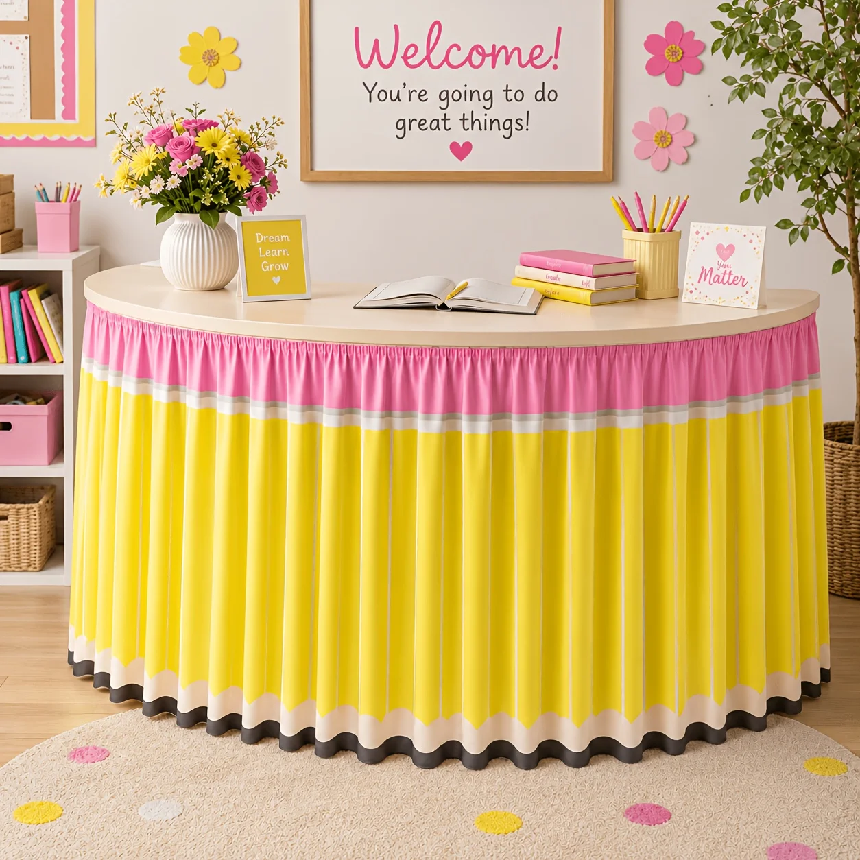 School start stationery theme, featuring a yellow pencil pattern and a pink top design.