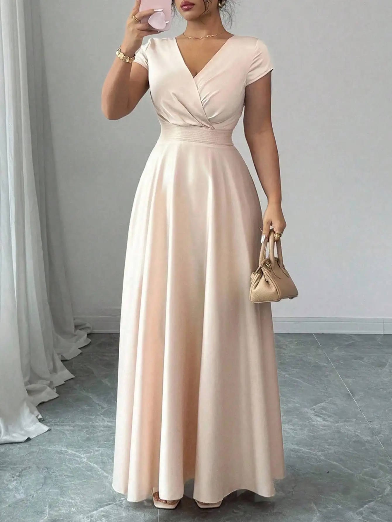 

Elegant V-Neck Short Sleeve A-Line Long Dress with Pleated Waist, Soft Satin Sheen