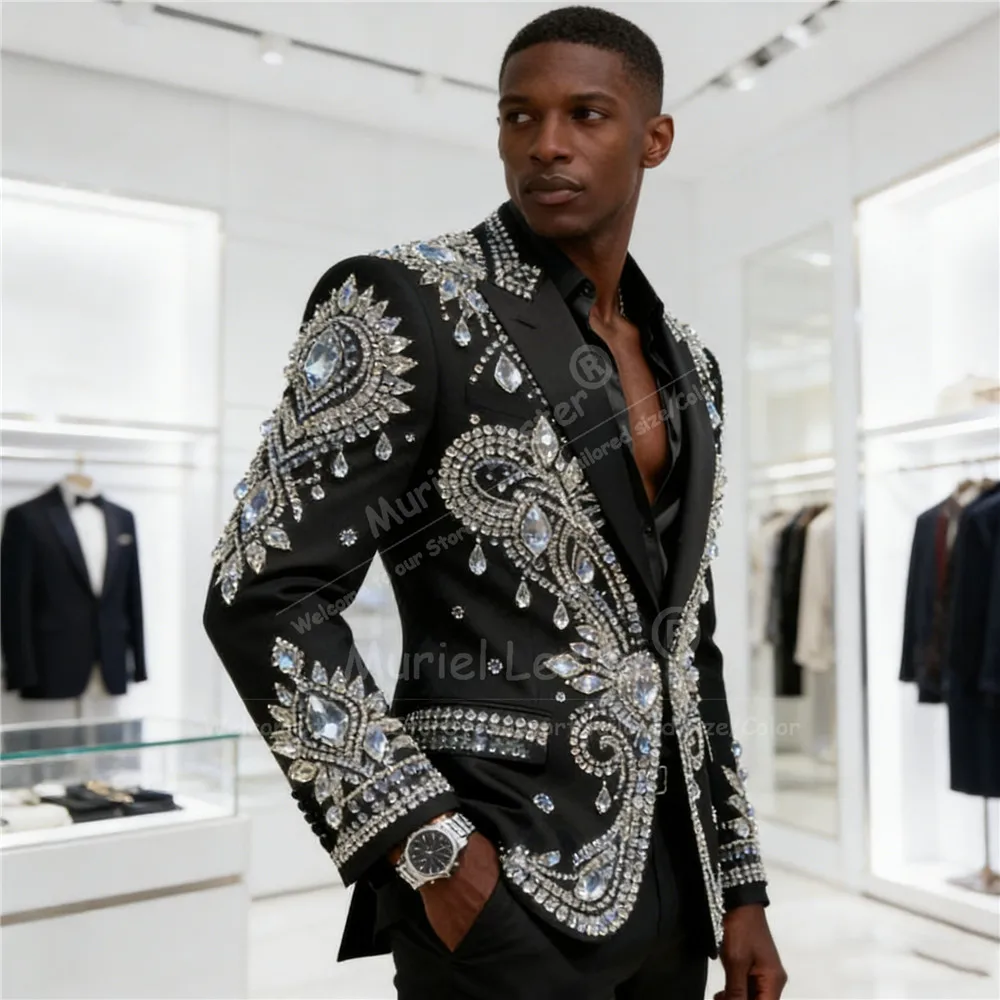 

Мужской костюм с камнями для свадьбы, комплект из 2 предметов, однобортный пиджак для выпускного вечера, индивидуальный пошив, смокинг для жениха