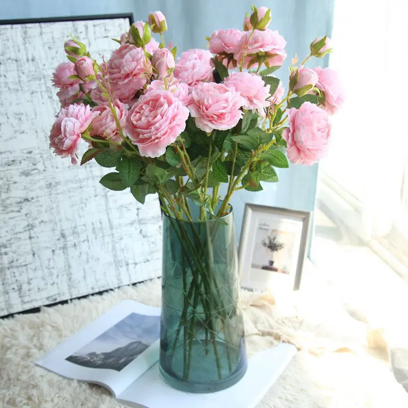 

60cm Rose Artificial Flowers 3 Heads Pink White Peonies Silk Flower Wedding Garden Decoration Fake Flower Bouquet Peony Color