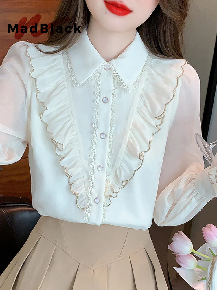 

MadBlack-женская европейская рубашка, сексуальные кружевные оборки с воротником-поло, свободная блузка с расклешенными рукавами в уличной одежде, весенняя новинка 2026 T5D662CC