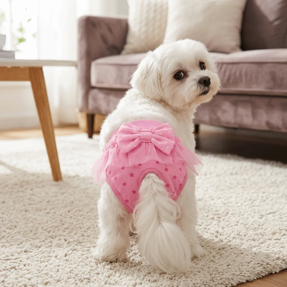 Pink Tone Pet Sanitary Pant Lace Trim Bow Decor Dog Period Underwear Multi Sizes Elastic Waist Dog Physiological Pant