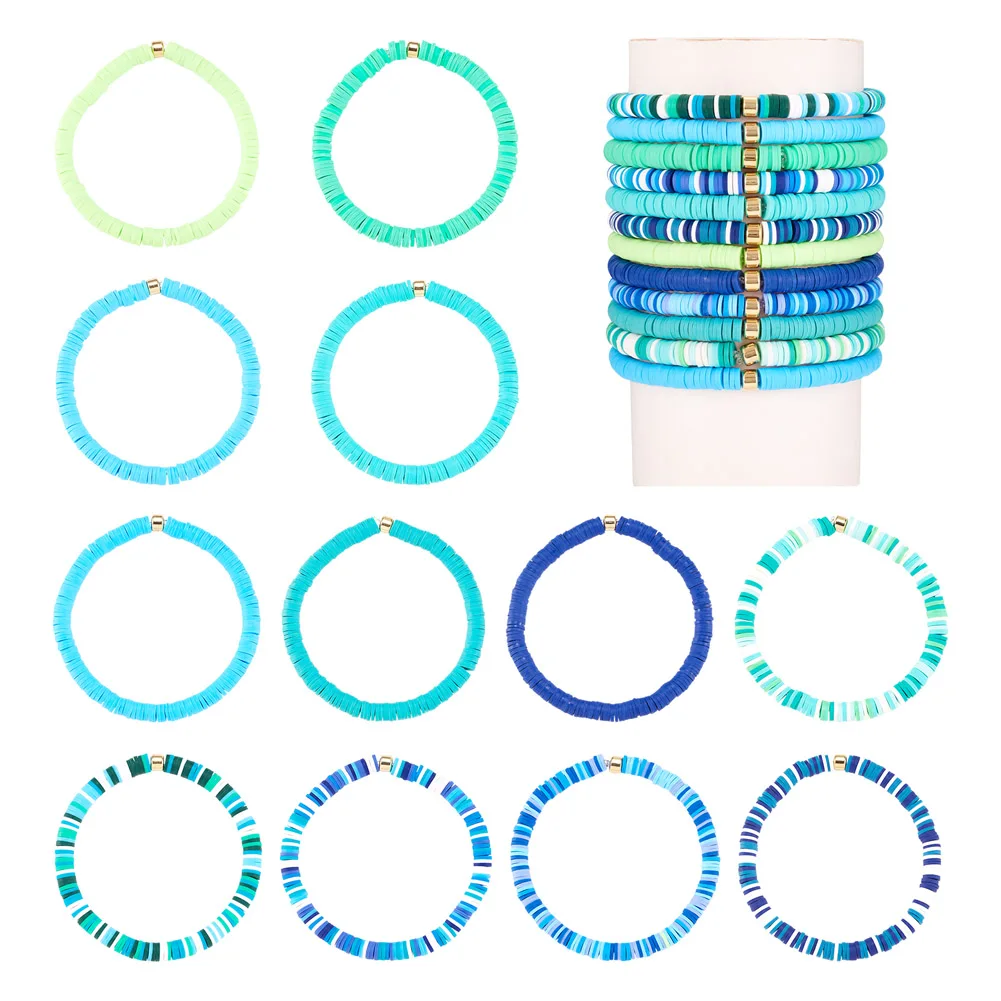 12Pcs Polymer Clay Surfer Stretch Bracelets Blue Bracelet Plastic Beaded Preppy Bracelets for Couple Stretch Bracelets