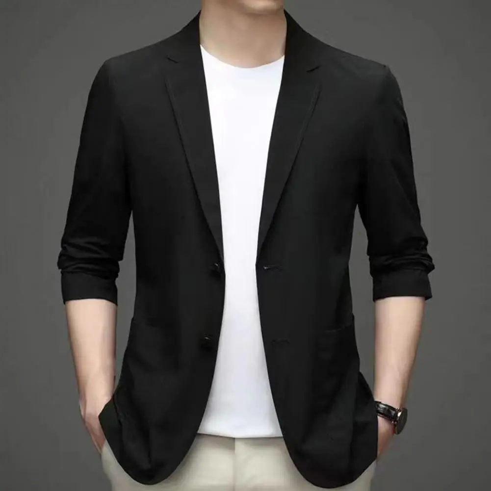 Solid Color Lapel Suit Coat Elegant Men's Suit Jacket with Lapel Collar Long Sleeves Button Placket Stylish Business Outerwear