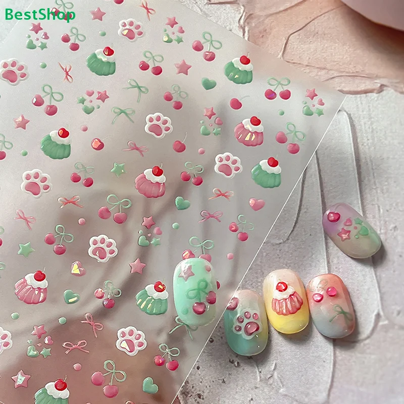 〔R〕Niedliche 5D geprägte Nagelkunst-Aufkleber, selbstklebende Nagelaufkleber mit Kirsch-Cupcake- und Katzenpfoten-Motiv für DIY-Maniküre