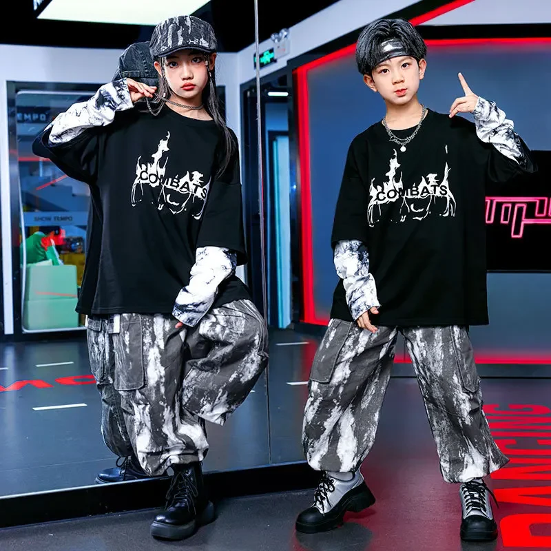 Boy Hip-hop Stage Costume Spring Black Letter T-shirt Tie-dye Phat Pants Suit Children's School Team Performance Costume 10 1214