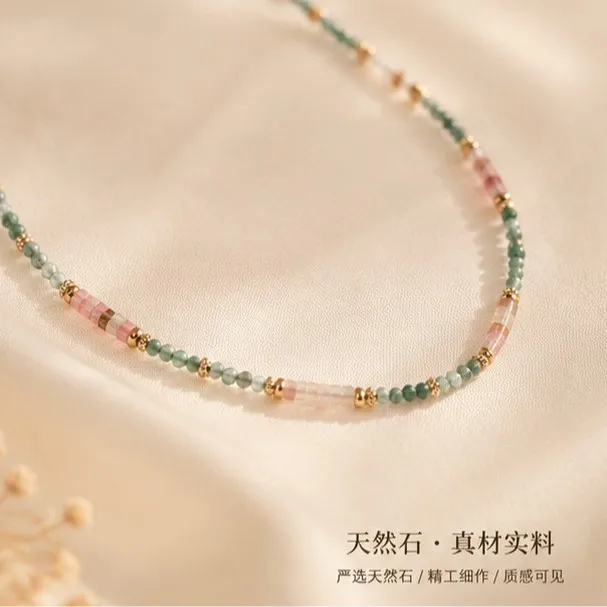 New natural green dot agate watermelon crystal handmade beaded necklace original niche design collarbone chain women