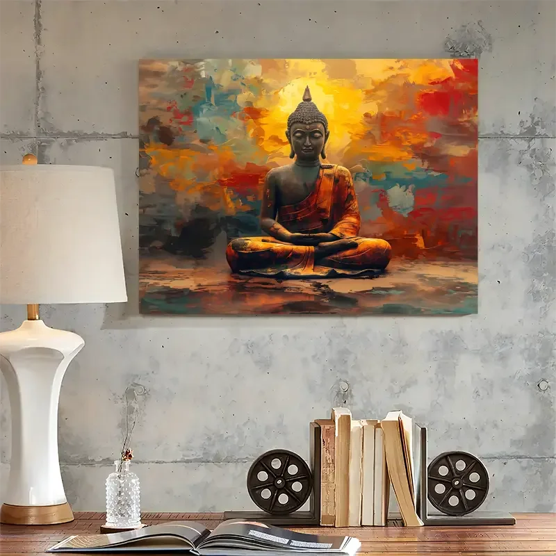 لوحة قماشية تجريدية للتأمل من Zen - لوحة فنية جدارية روحية باللون البرتقالي والأزرق المخضر مع إطار ملفوف، 12 × 16 بوصة #3