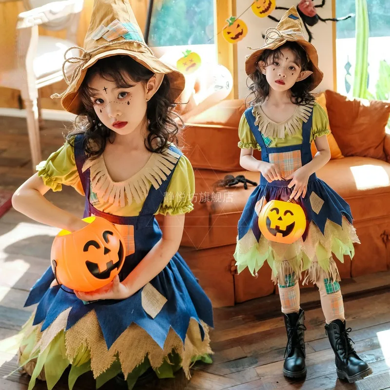 Halloween Costumes Children Pumpkin Cosplay Magic Scarecrow Pastoral Dressing Anime Girl Disfraz Multi Piece Set