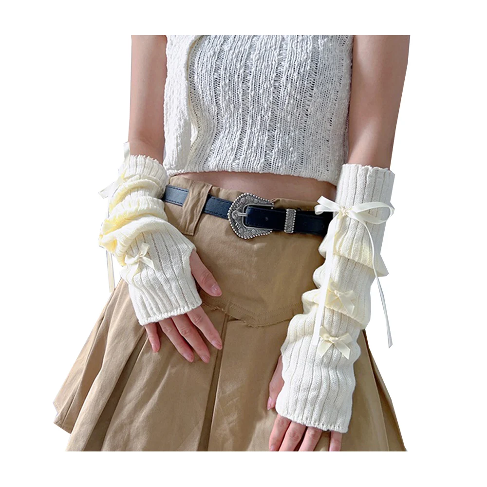 Winter Knit Arm Sleeves Half Finger Women Girl Fashion Bow Arm Warmer Warm Thicken JK Hand Sleeve Lolita Style Long Glove