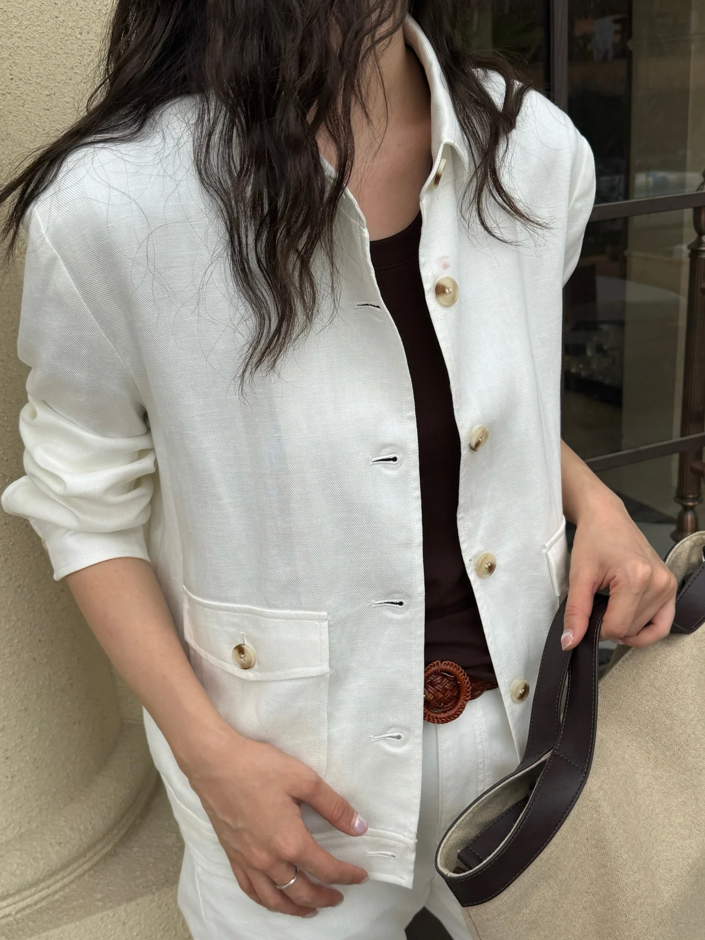 Chaqueta de Trabajo Nana Tall DMX Blanca de Lino para Mujer, Versátil, con Cuello Camisero, Cierre de un Botón, Transpirable, Ropa de Primavera