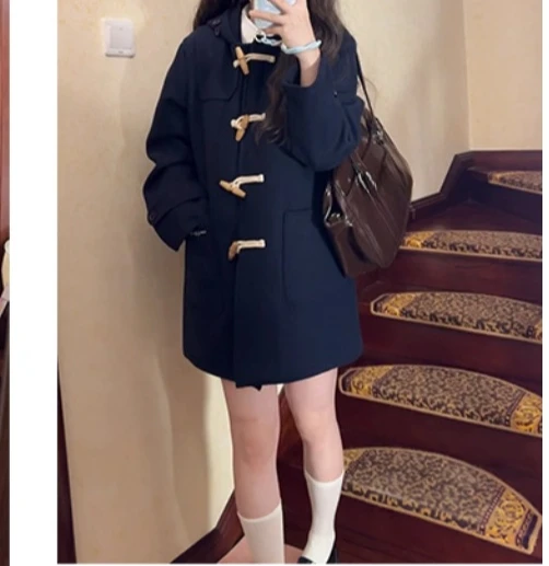 Autumn New Jk College Chic Horn Buckle Age-reducing Hooded Coat Women Sweet Japanese Thickened Medium Long Woolen Jacket