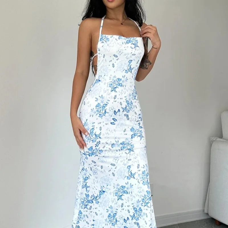 فستان دولزورا هالتر بدون أكمام بدون ظهر وأربطة مطبوع عليه زهور فستان ميدي نسائي مثير أنيق غير رسمي فستان طويل للحفلات والنوادي والشاطئ
