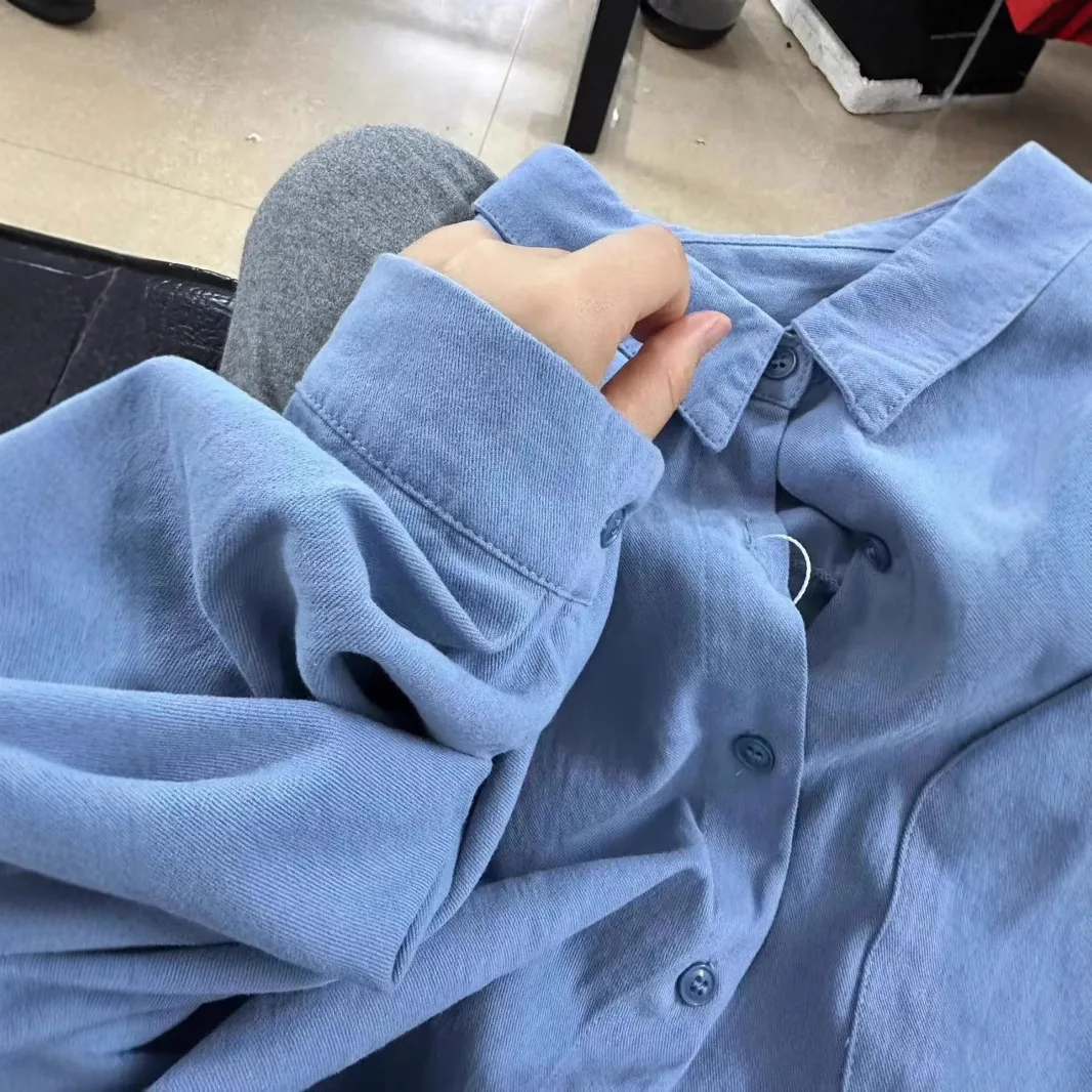 

Spring and Autumn Blue Cotton Shirt Women's Small Fresh Loose Skinny Commuter Small Shirt with Clothes