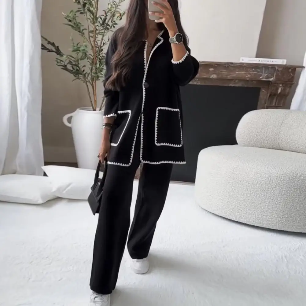 Autumn Women Two Piece Sets Regular Round Neck Loose Coats Cardigan Solid Straight Wide Leg Long Pants Set High Waist 2023