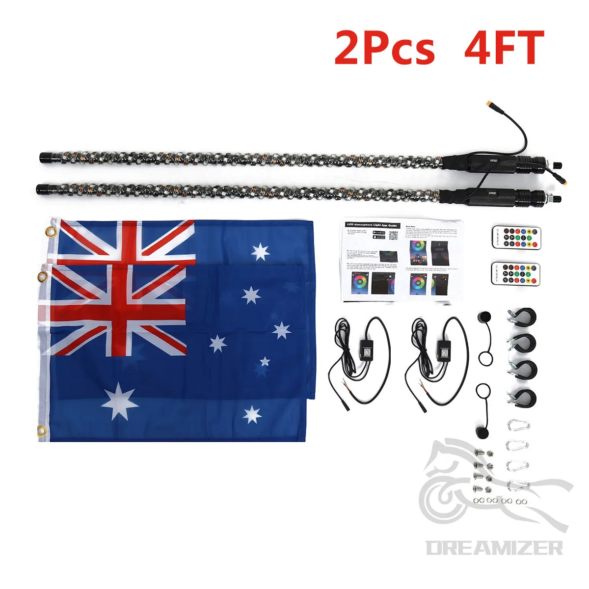 2PCS 3FT RGB LED Whip Light Remote App Control Turn Reverse Lighting Modes Safety Lighted Antenna for ATV UTV Polaris RZR Can-am