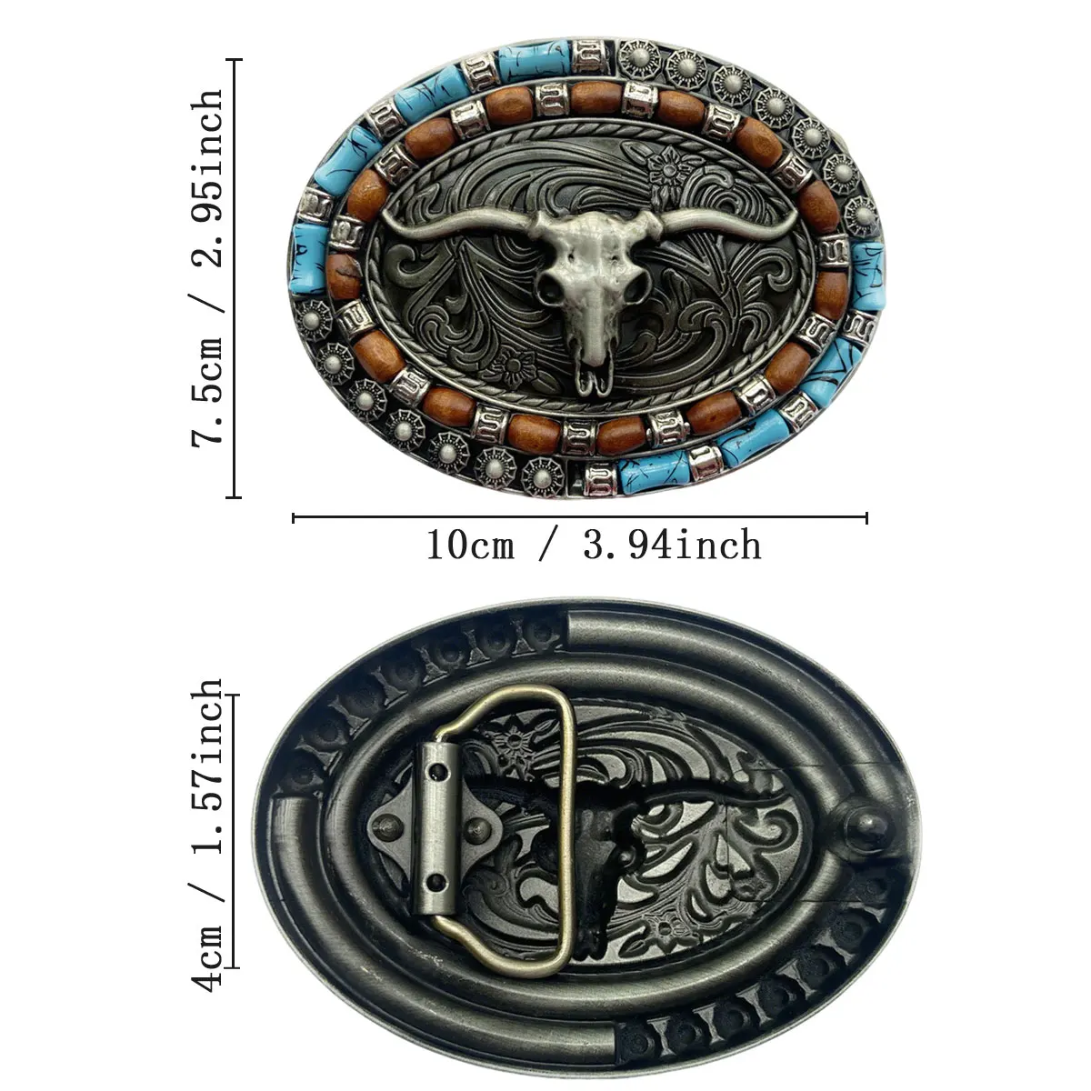 Retro Oval Longhorn Design Colored Bead Decoration Men's Belt Buckle